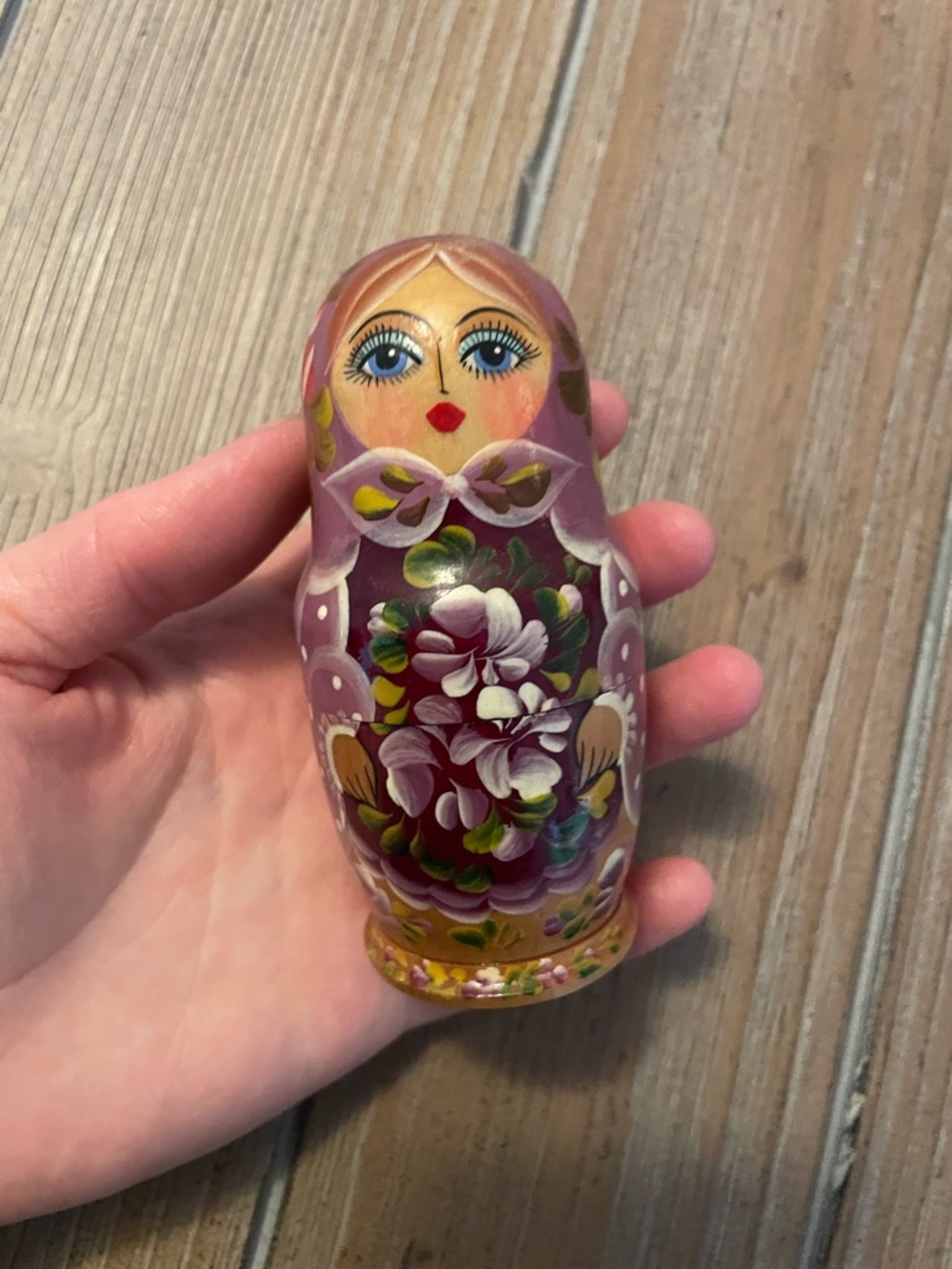 Hand-Painted Russian Matryoshka Doll in Plum and Pink